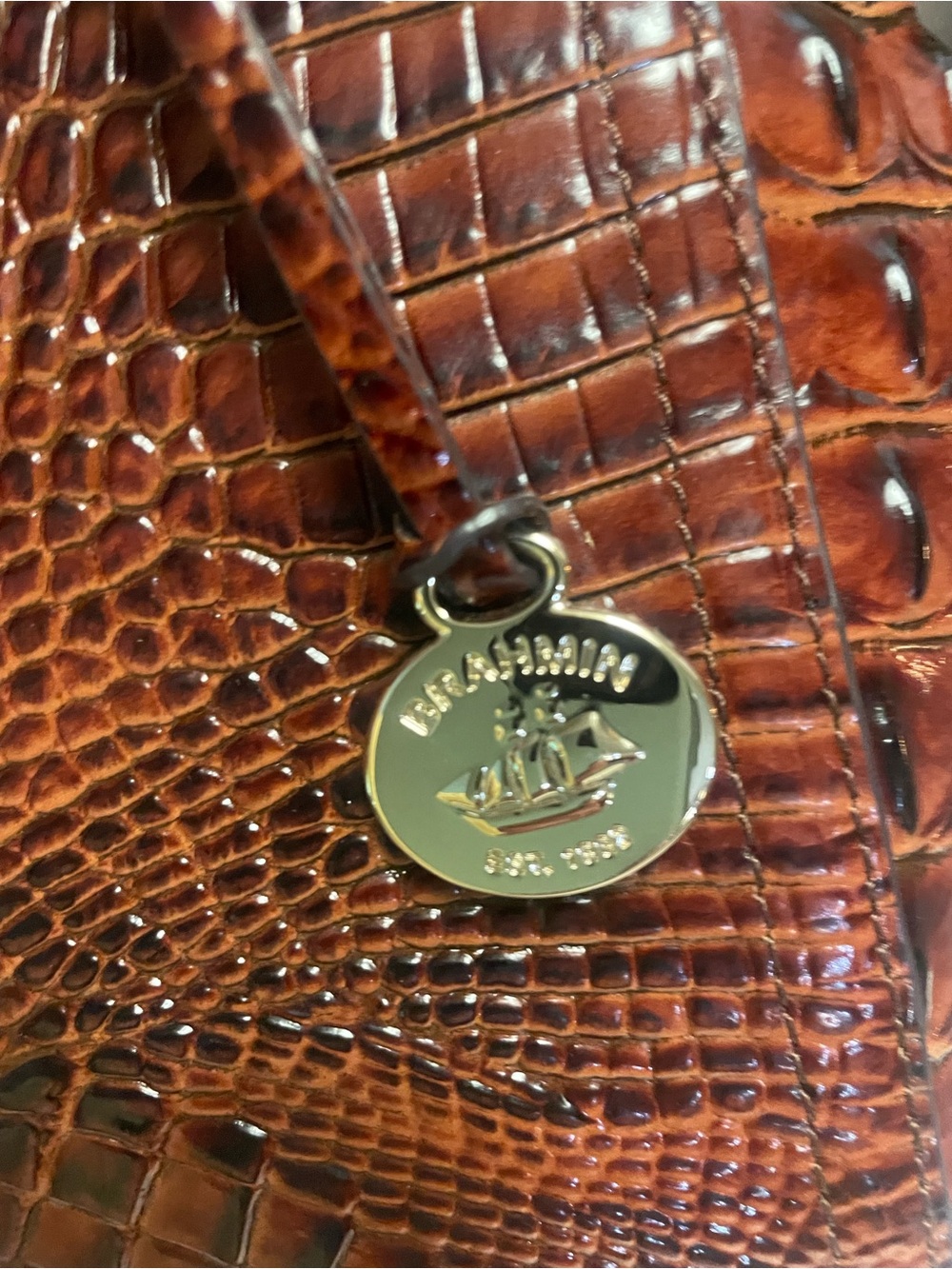 Brahmin Chestnut Croc-Embossed Leather Satchel with Wallet-Pristine - Picture 10 of 10
